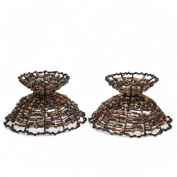 2 Metal Copper Wire Amber Beaded Pedestal Basket Bowl 7” & 4”tall - Picture 6 of 7